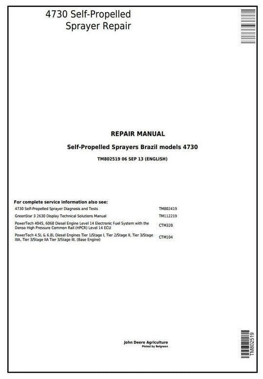PDF John Deere 4730 Self-Propelled Sprayer Repair Service Manual TM802519