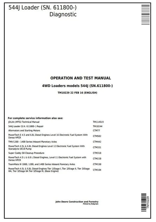 PDF John Deere 4WD 544J Wheel Loader Diagnostic, Operation and Test Service Manual TM10229