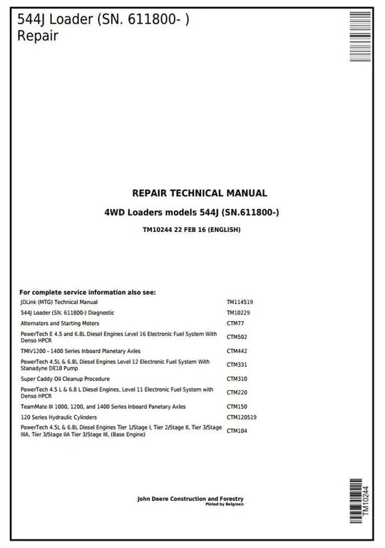 PDF John Deere 4WD 544J Wheel Loader Technical Service Repair Manual TM10244