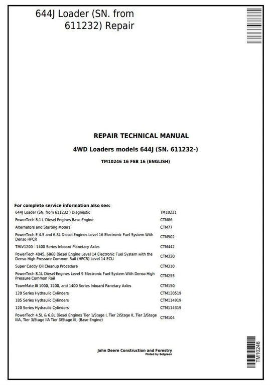 PDF John Deere 4WD 644J Wheel Loader Technical Service Repair Manual TM10246