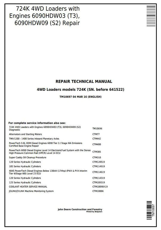 PDF John Deere 4WD 724K Wheel Loader w. Engines 6090HDW03, 6090HDW09 Service Repair Technical Manual TM10697