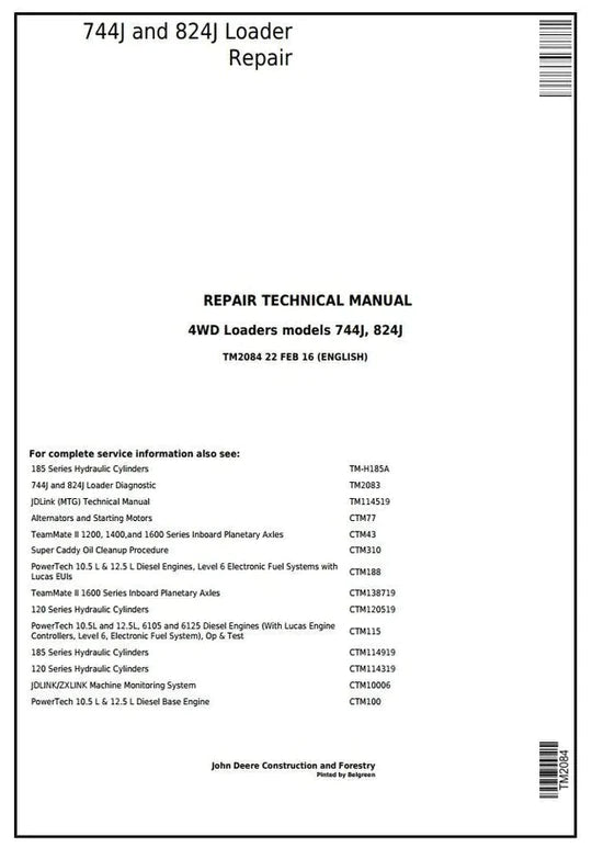 PDF John Deere 4WD 744J, 824J Wheel Loader Service Manual TM2084