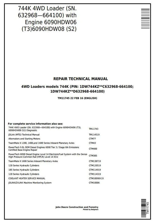 PDF John Deere 4WD 744K Wheel Loader w.T3/S2 Technical Service Repair Manual TM11745