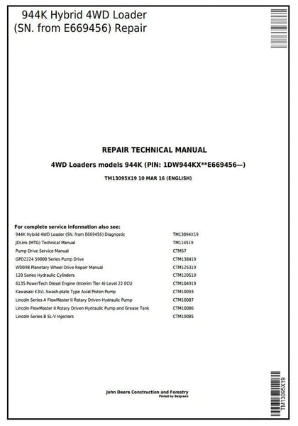 PDF John Deere 4WD 944K Hybrid Wheel Loader (SN. from E669456) Repair Service Manual TM13095X19