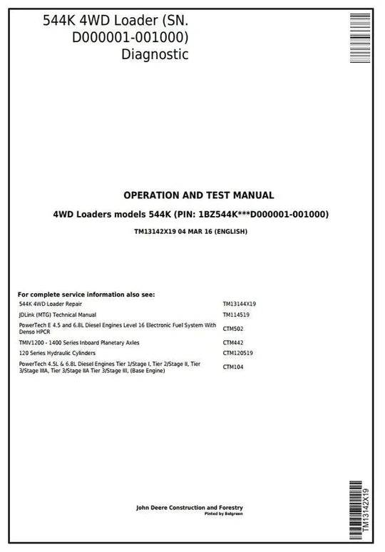 PDF John Deere 4WD Wheel Loader 544K (SN.D000001-001000) Diagnostic & Test Service Manual TM13142X19
