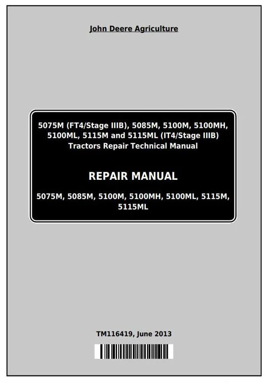PDF John Deere 5075M 5085M 5100M 5100MH 5100ML 5115M 5115ML Tractor Repair Service Manual TM116419