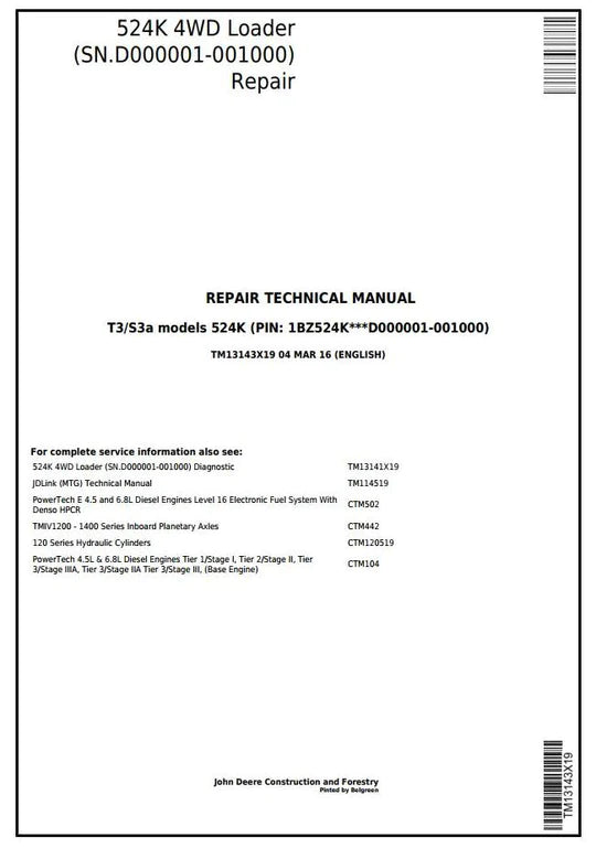 PDF John Deere 524K 4WD (T3/S3a) Wheel Loader (SN.D000001-001000) Service Repair Manual TM13143X19