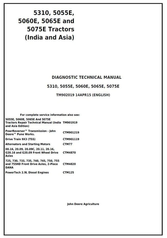 PDF John Deere 5310, 5055E, 5060E, 5065E and 5075E India Asia Tractor Diagnosis, Operation and Tests Service Manual TM902019