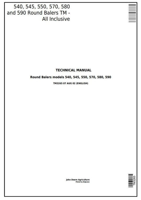 PDF John Deere 540, 545, 550, 570, 580, 590 Hay & Forage Round Baler Repair Service Manual TM3265