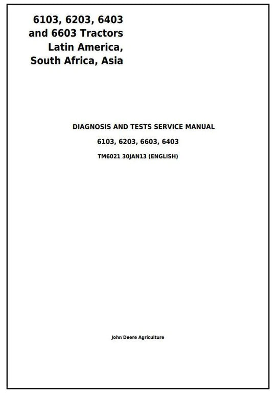 PDF John Deere 6103, 6203, 6403, 6603 Tractor (Latin America) Diagnostic, Operation and Test Service Manual TM6021