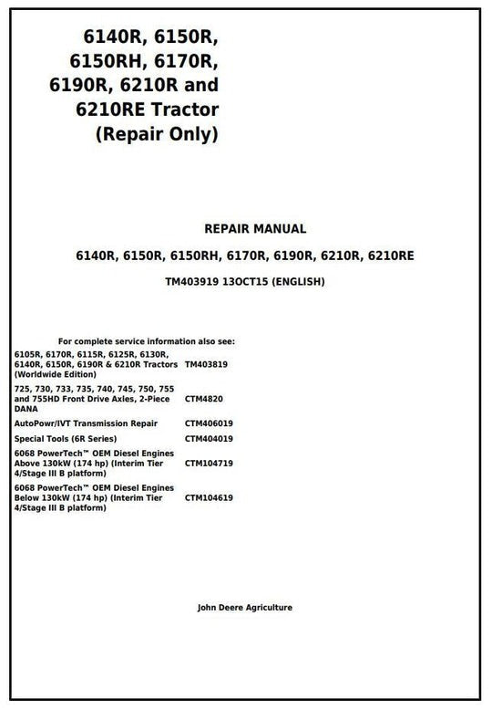 PDF John Deere 6140R 6150R 6150RH 6170R 6190R 6210R 6210RE Tractor Repair Service Manual TM403919
