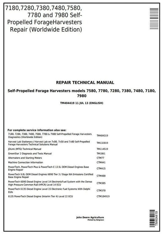 PDF John Deere 7180, 7280, 7380, 7480, 7580, 7780, 7980 Forage Harvester Repair Service Manual TM404419