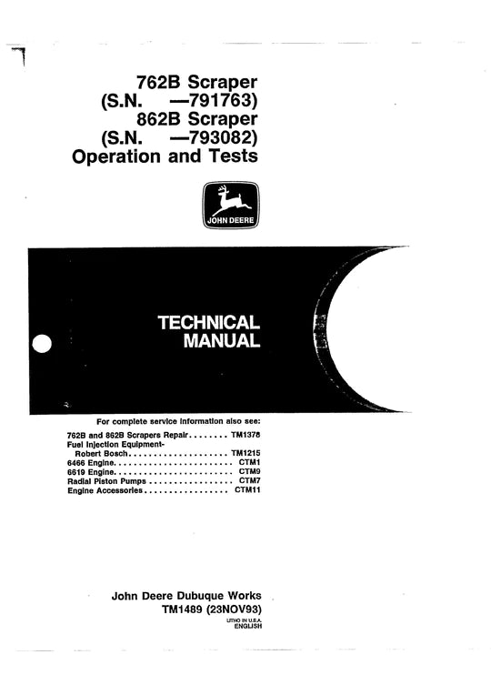 PDF John Deere 762B (SN.-791763), 862B (SN. -793082) Scraper Diagnostic and Test Service manual TM1489