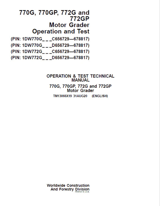 PDF John Deere 770G, 770GP, 772G, 772GP Grader Diagnostic, Operation and Test Service Manual TM13066X19