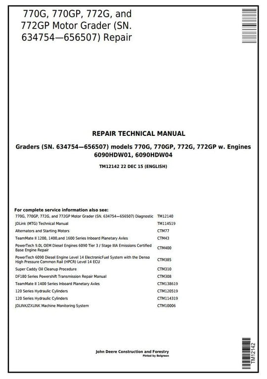 PDF John Deere 770G, 770GP, 772G, 772GP Motor Grader Technical Service Repair Manual TM12142