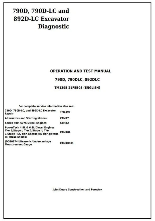 PDF John Deere 790D, 790DLC, 892DLC Excavator Diagnostic, Operation and Test Service Manual TM1395