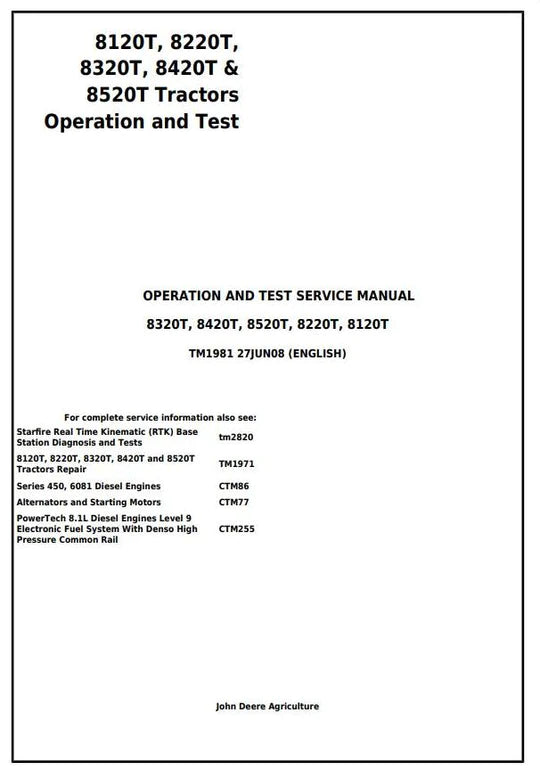 PDF John Deere 8120T 8220T 8320T 8420T 8520T Tracks Tractor Diagnostic, Operation & Test Service Manual TM1981