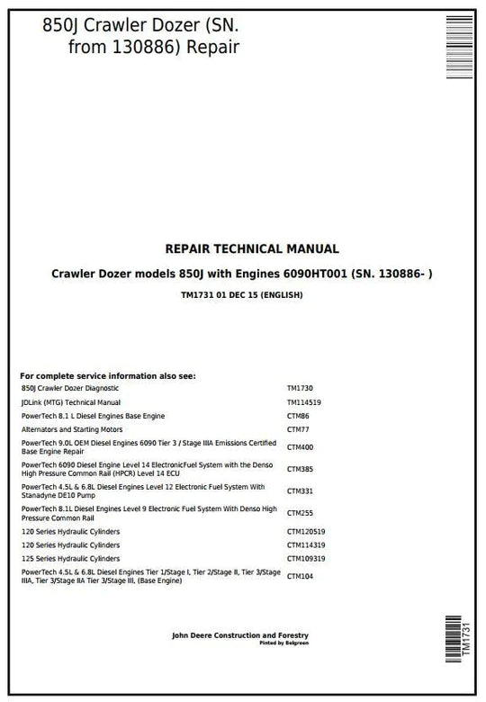 PDF John Deere 850J Dozer W. Engine 6090HT001 Service Manual TM1731