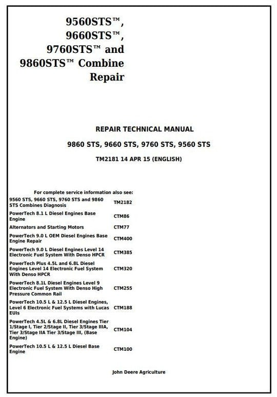 PDF John Deere 9560 STS 9660 STS 9760 STS 9860 STS Combine Repair Service Manual TM2181