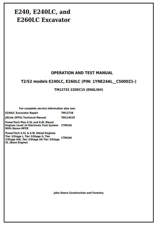 PDF John Deere E240, E240LC, E260LC Excavator Diagnostic and Test Manual TM12732