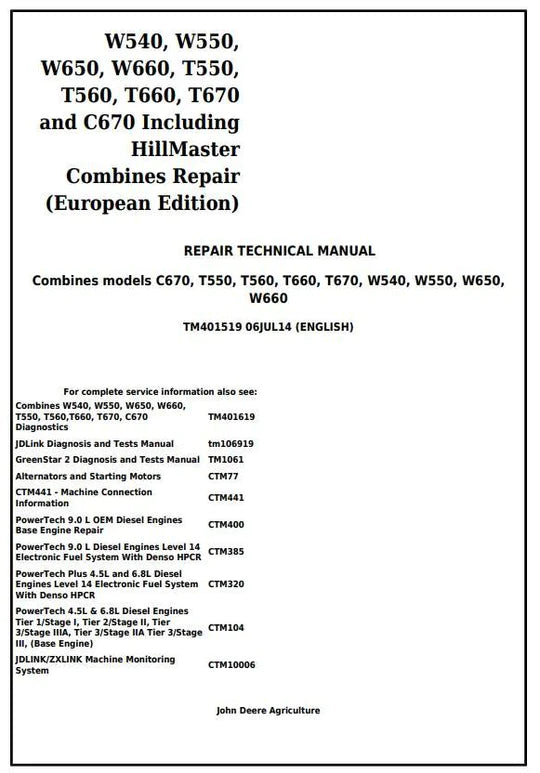 PDF John Deere W540, W550, W650, W660, T550, T560, T660, T670, C670 Combine Service Manual TM401519