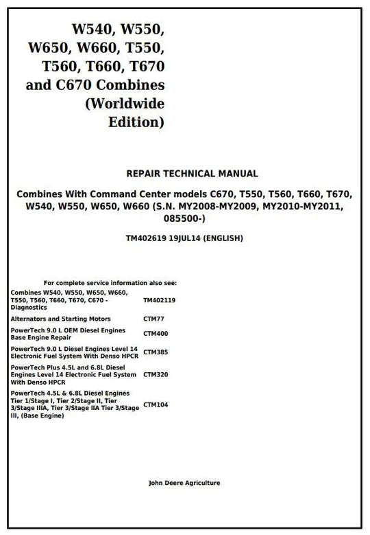 PDF John Deere W540, W550, W650, W660, T550, T560, T660, T670, C670 Combine Service Manual TM402619