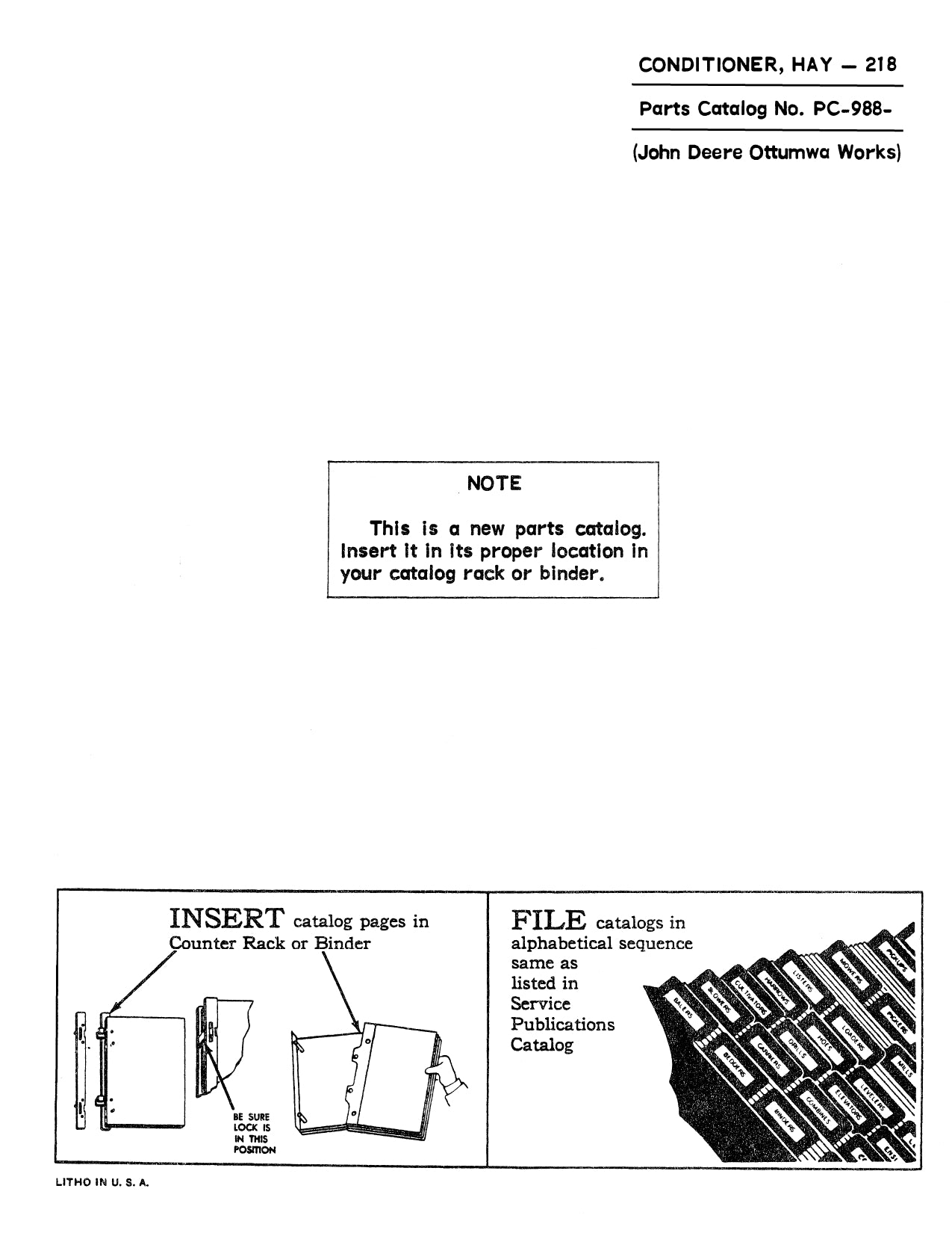 JOHN DEERE 218 HAY CONDITIONER PARTS MANUAL PC988 INSTANT DOWNLOAD