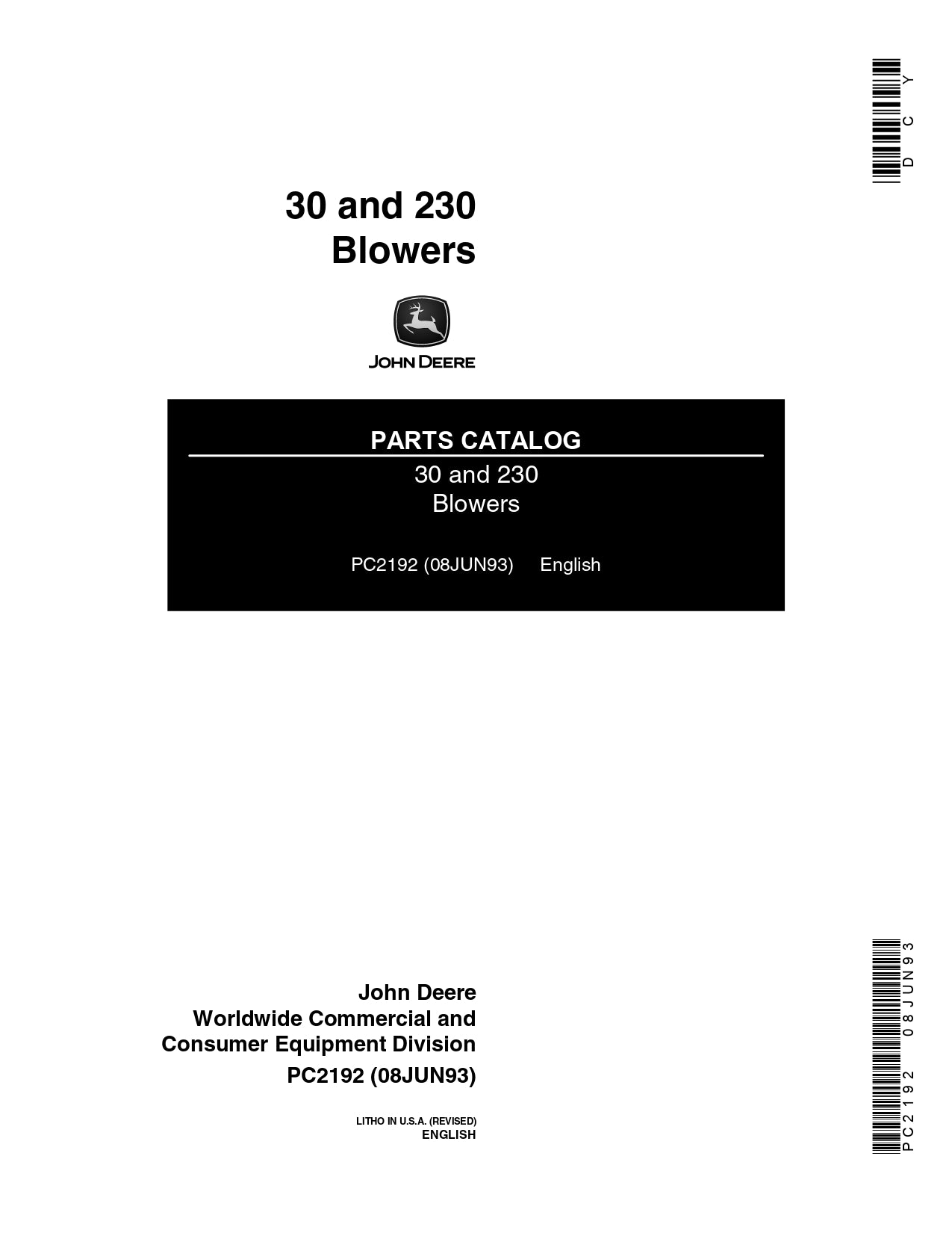JOHN DEERE 230 30 BLOWER PARTS MANUAL PC2192 INSTANT DOWNLOAD