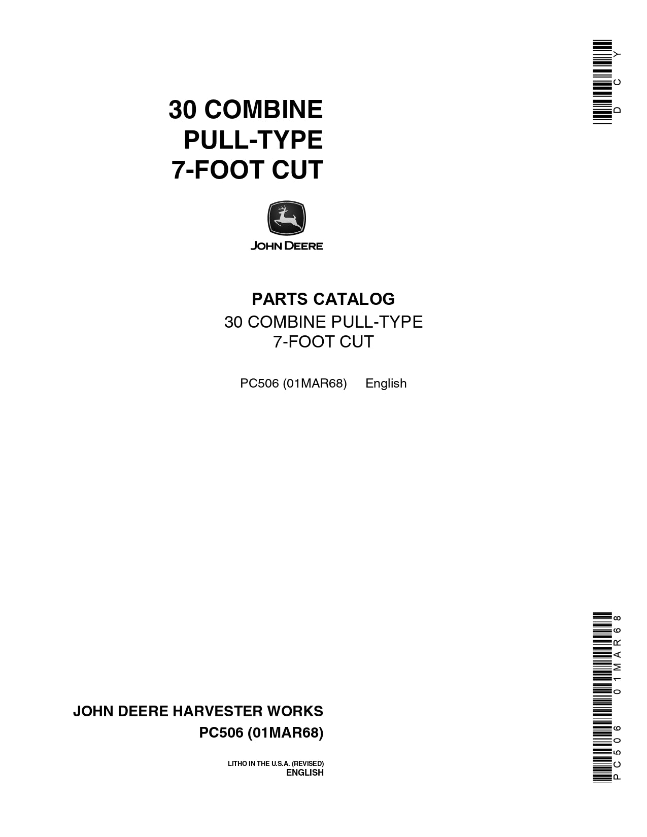 JOHN DEERE 30 PULL TYPE COMBINE PARTS MANUAL PC506 INSTANT DOWNLOAD