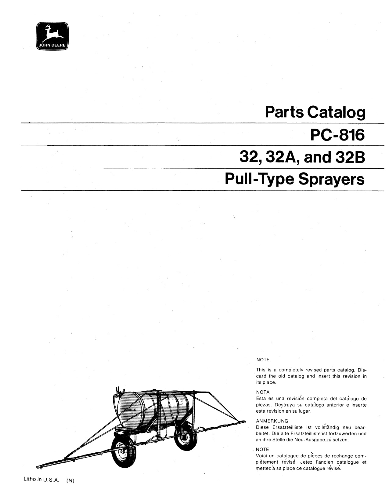 JOHN DEERE 32 32A 32B PULL-TYPE SPRAYER PARTS MANUAL PC816 INSTANT DOWNLOAD