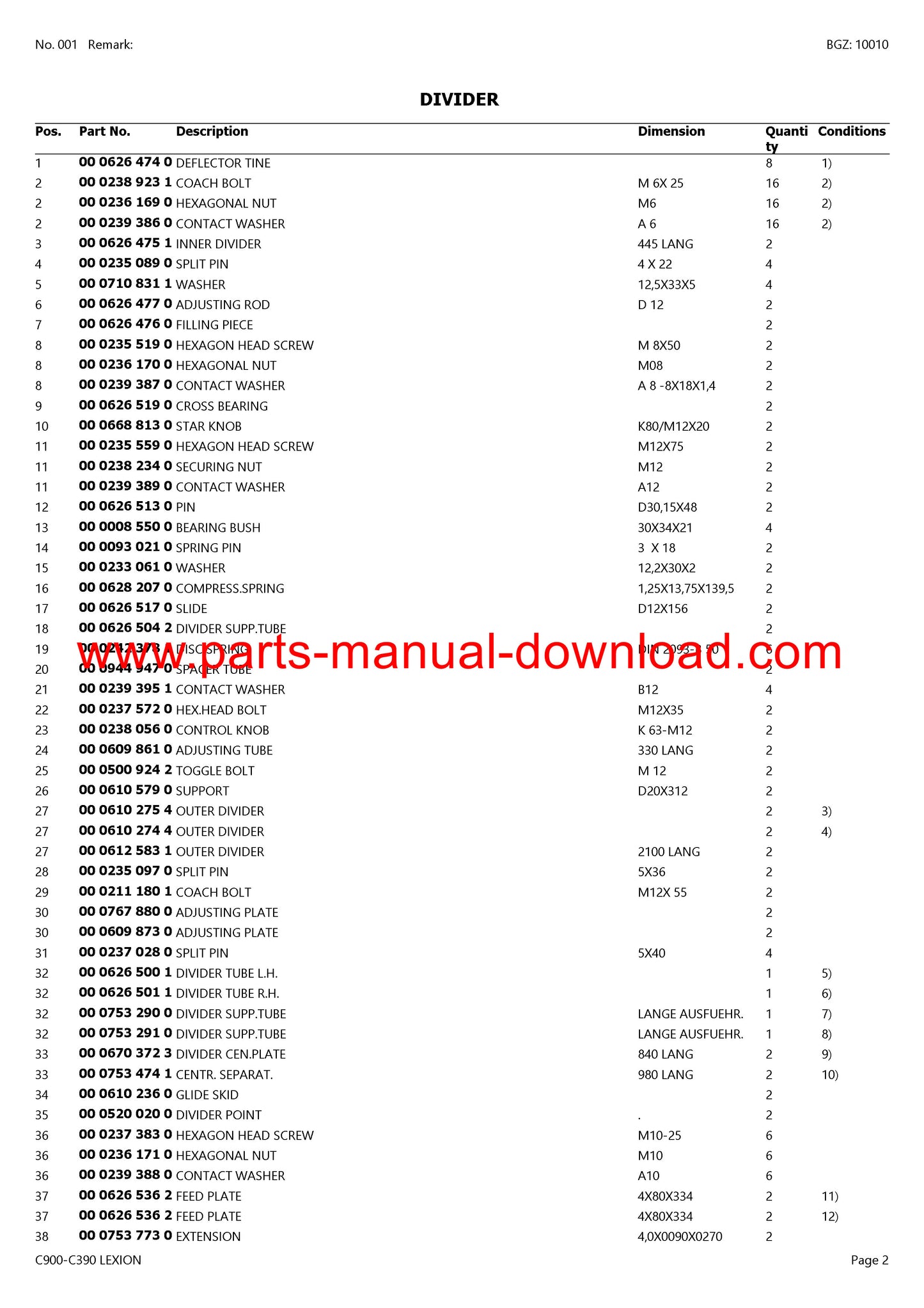 Claas C900 - C390 Cutterbar Lexion Parts Catalog Manual Instant Download