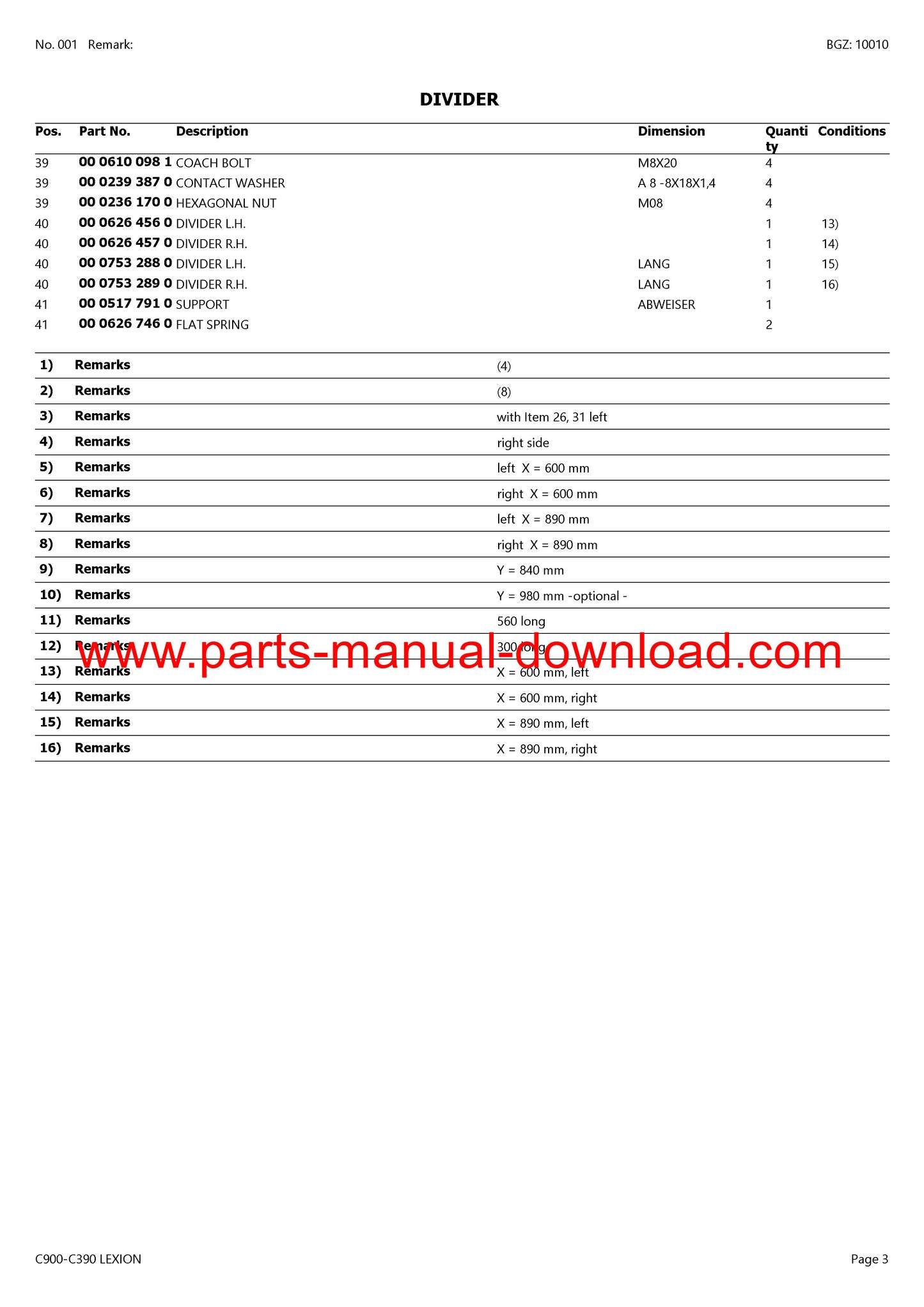 Claas C900 - C390 Cutterbar Lexion Parts Catalog Manual Instant Download