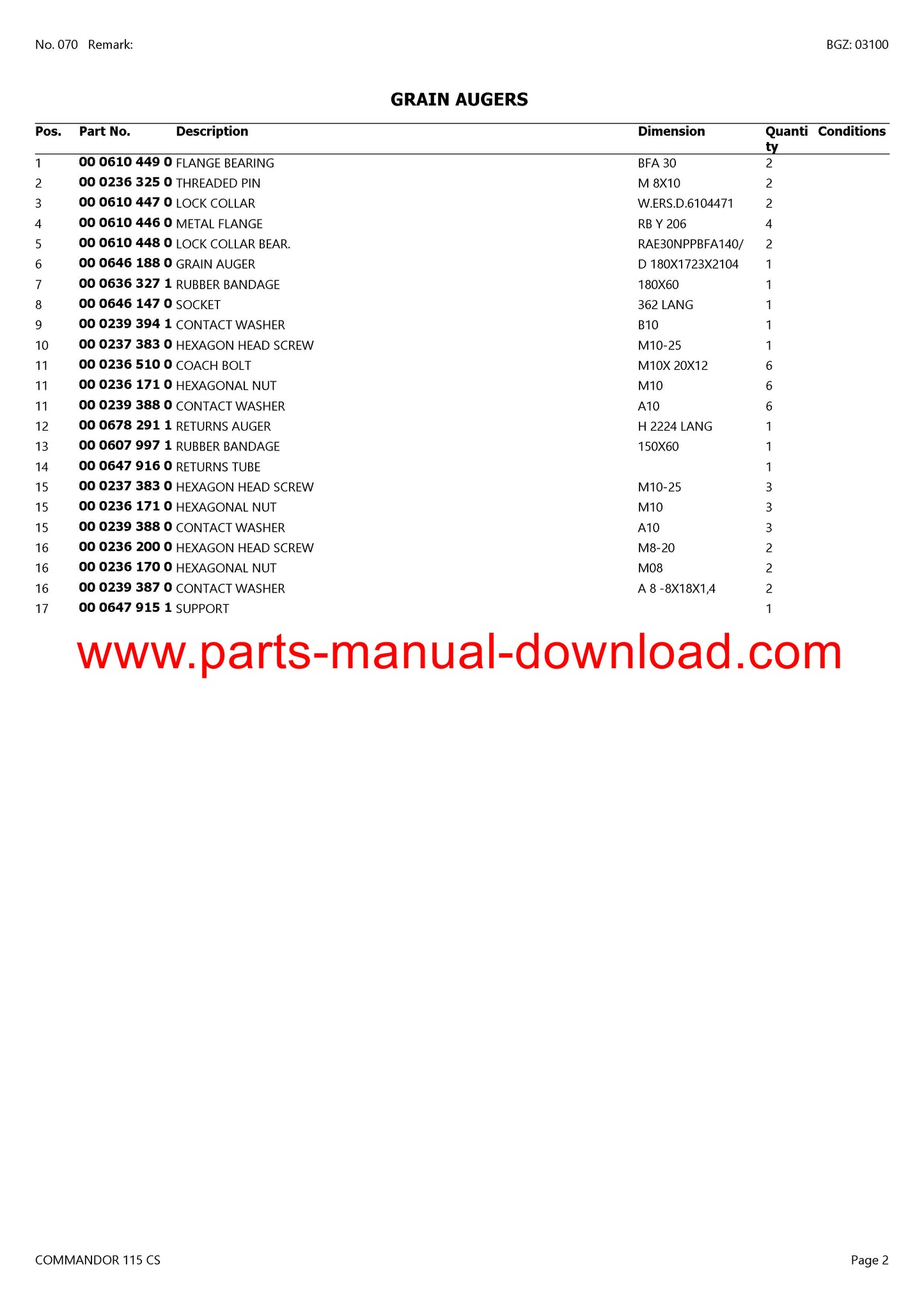 Claas 115 CS Combine Commandor Parts Catalog Manual Instant Download