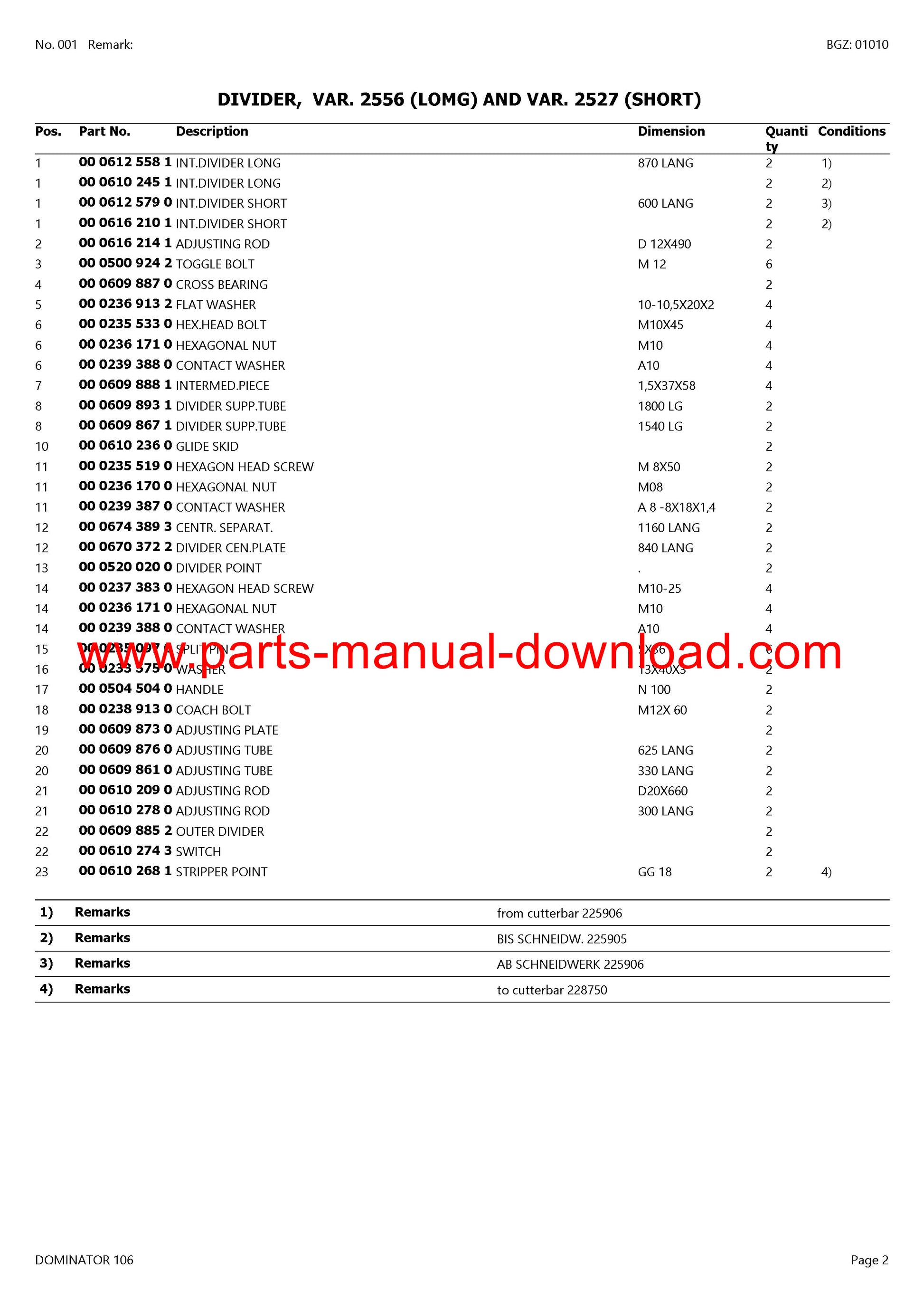 Claas 106 Dominator Combine Parts Catalog Manual