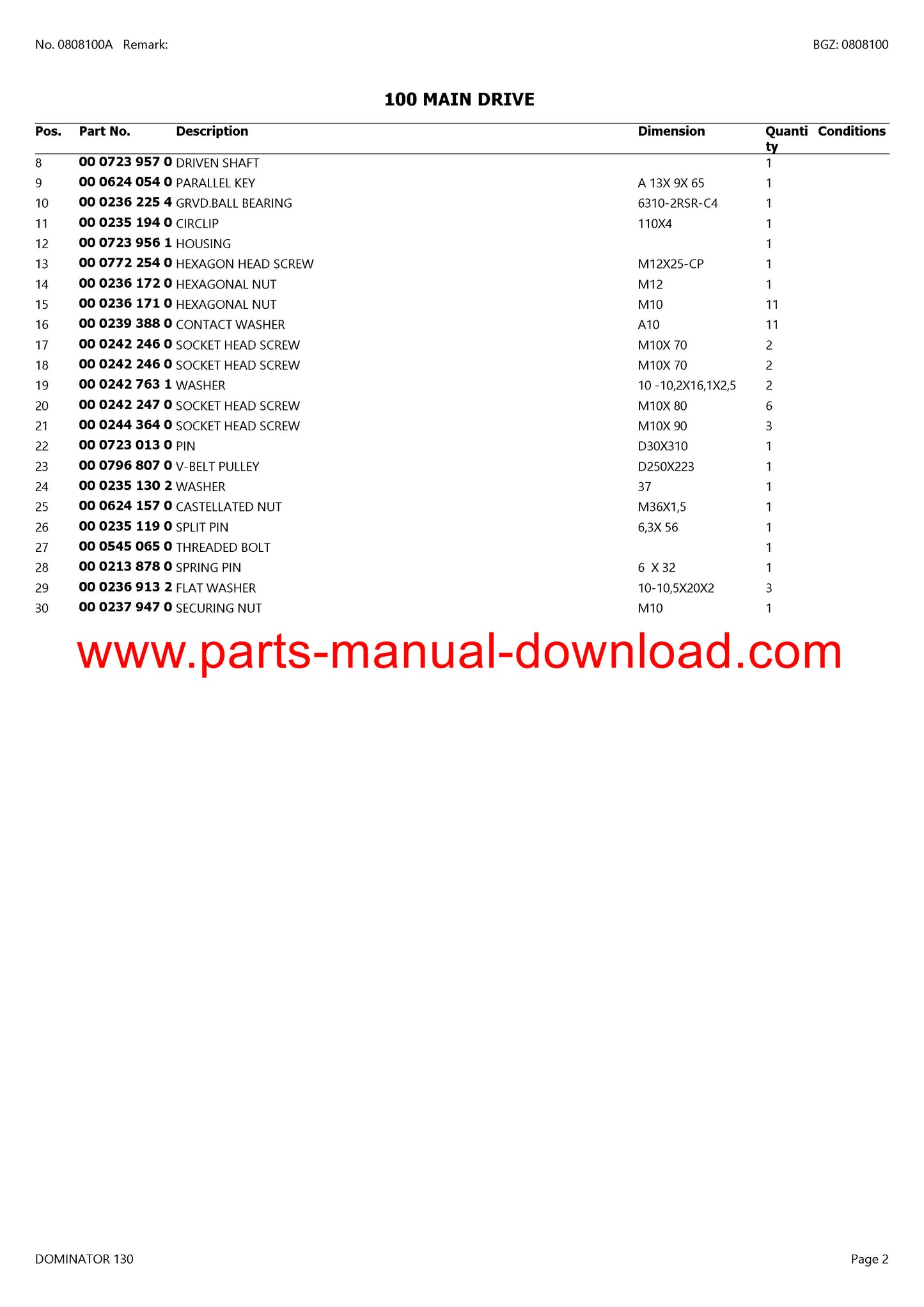 Claas 130 Dominator Combine Parts Catalog Manual