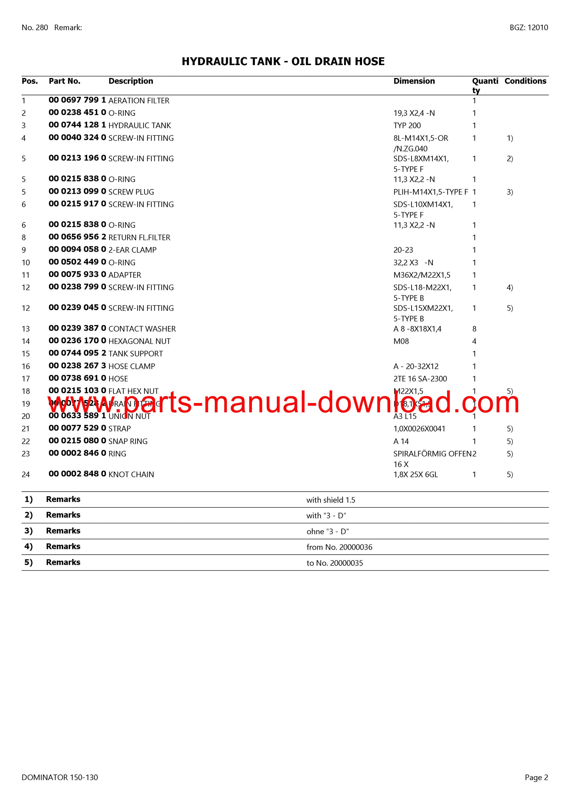 Claas 150-130 Dominator Combine Parts Catalog Manual