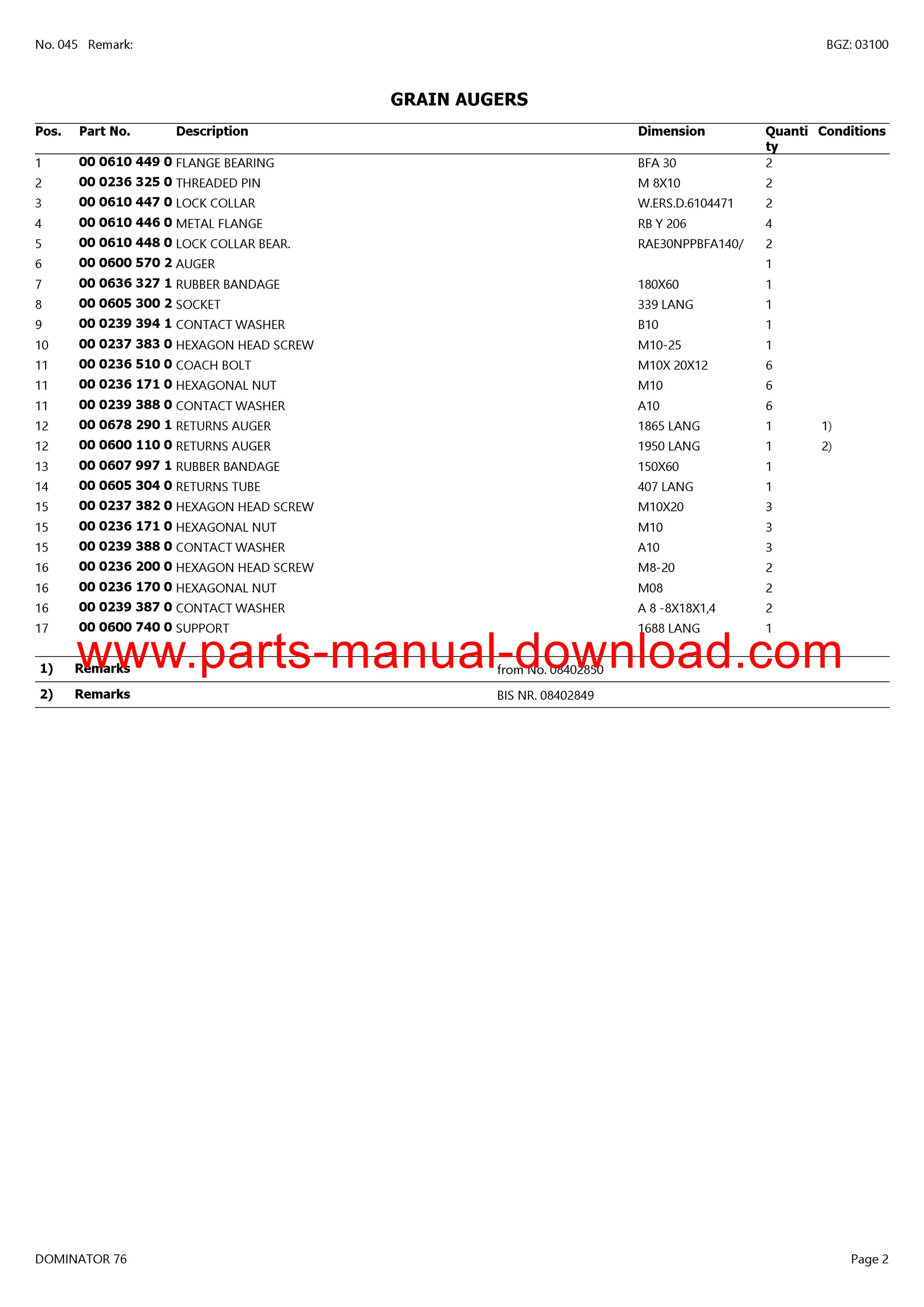 Claas 76 Dominator Combine Parts Catalog Manual