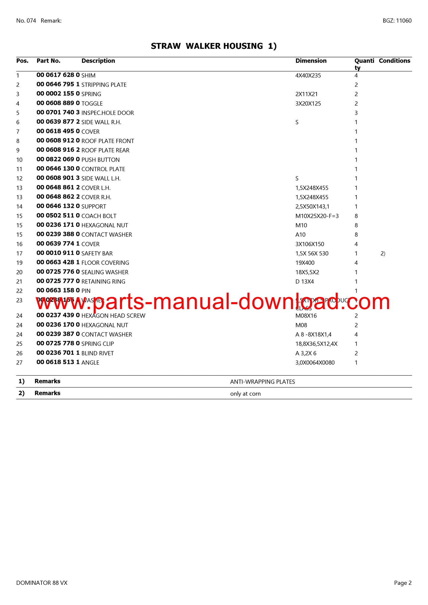 Claas 88 VX Combine Dominator Parts Catalog Manual Instant Download