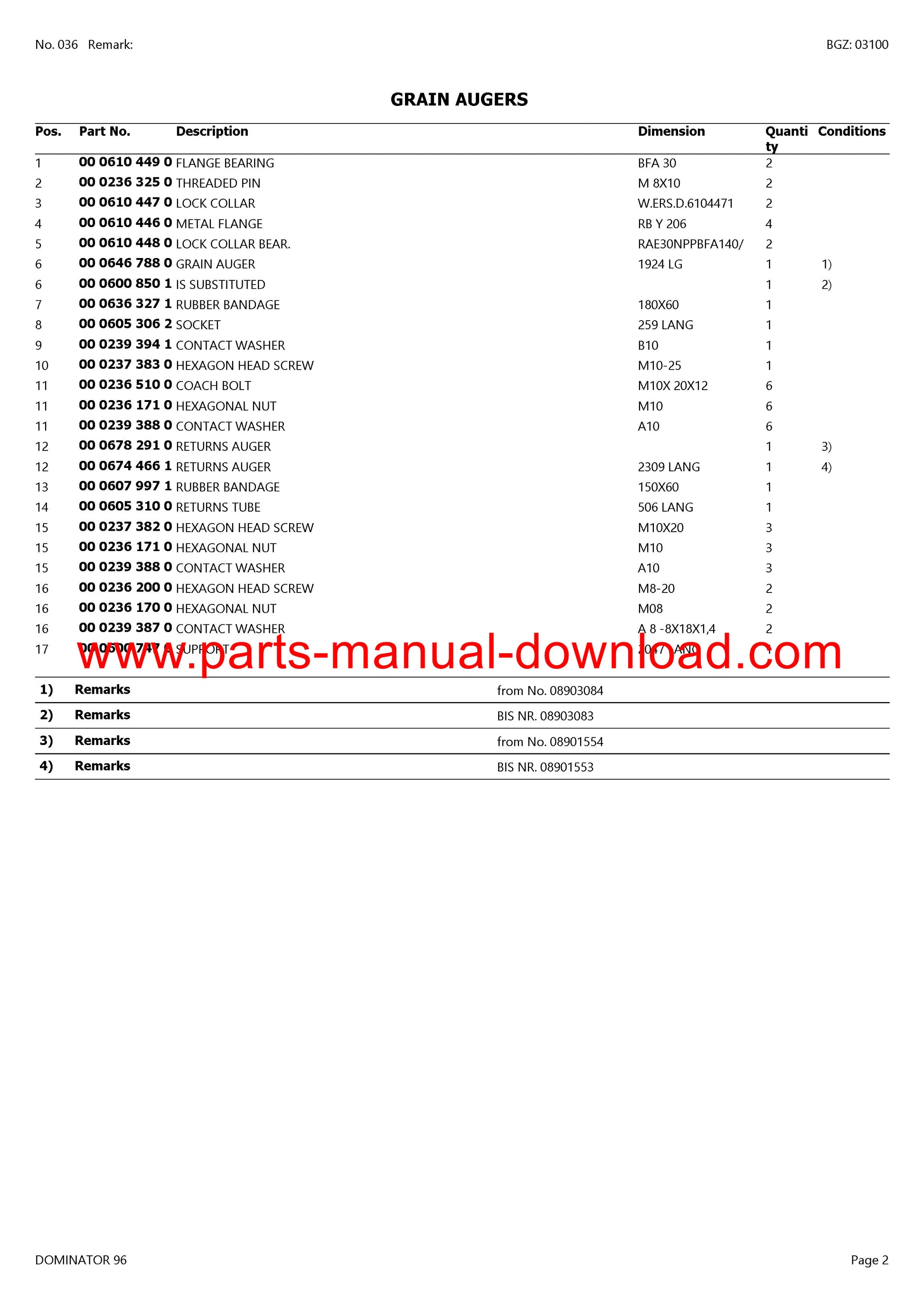 Claas 96 Dominator Combine Parts Catalog Manual