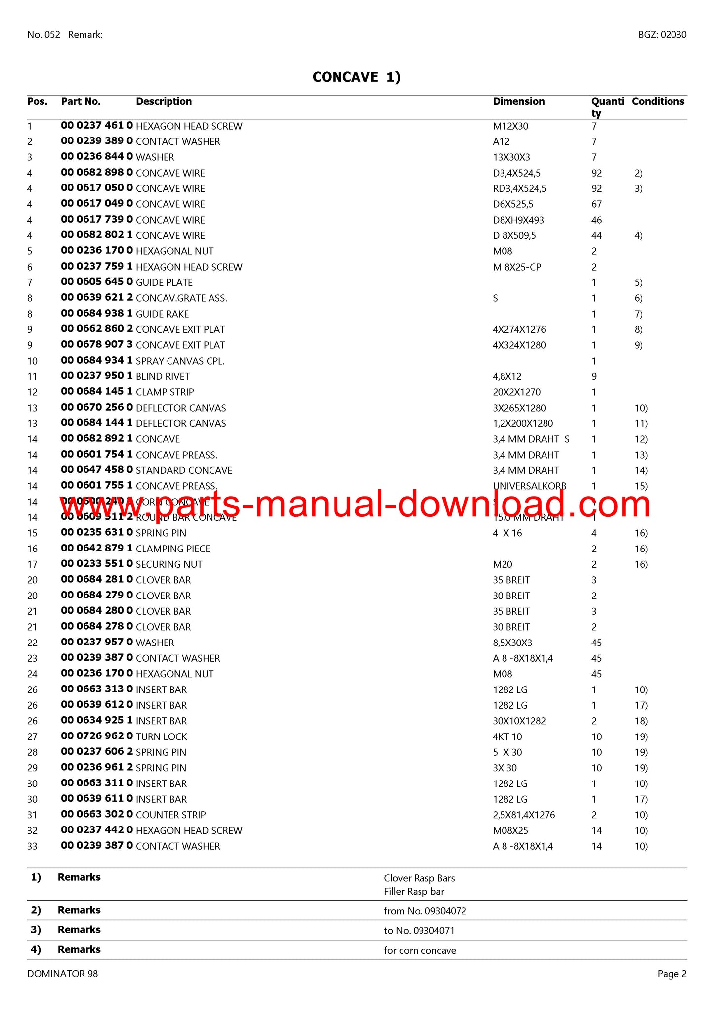 Claas 98 Combine Dominator Parts Catalog Manual Instant Download