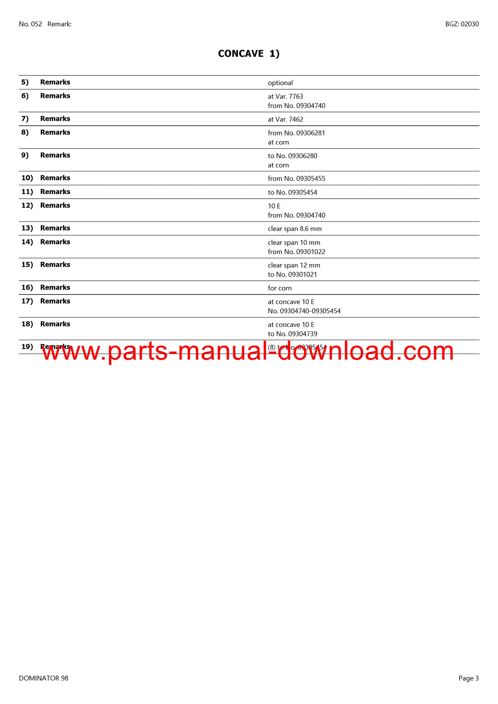 Claas 98 Combine Dominator Parts Catalog Manual Instant Download