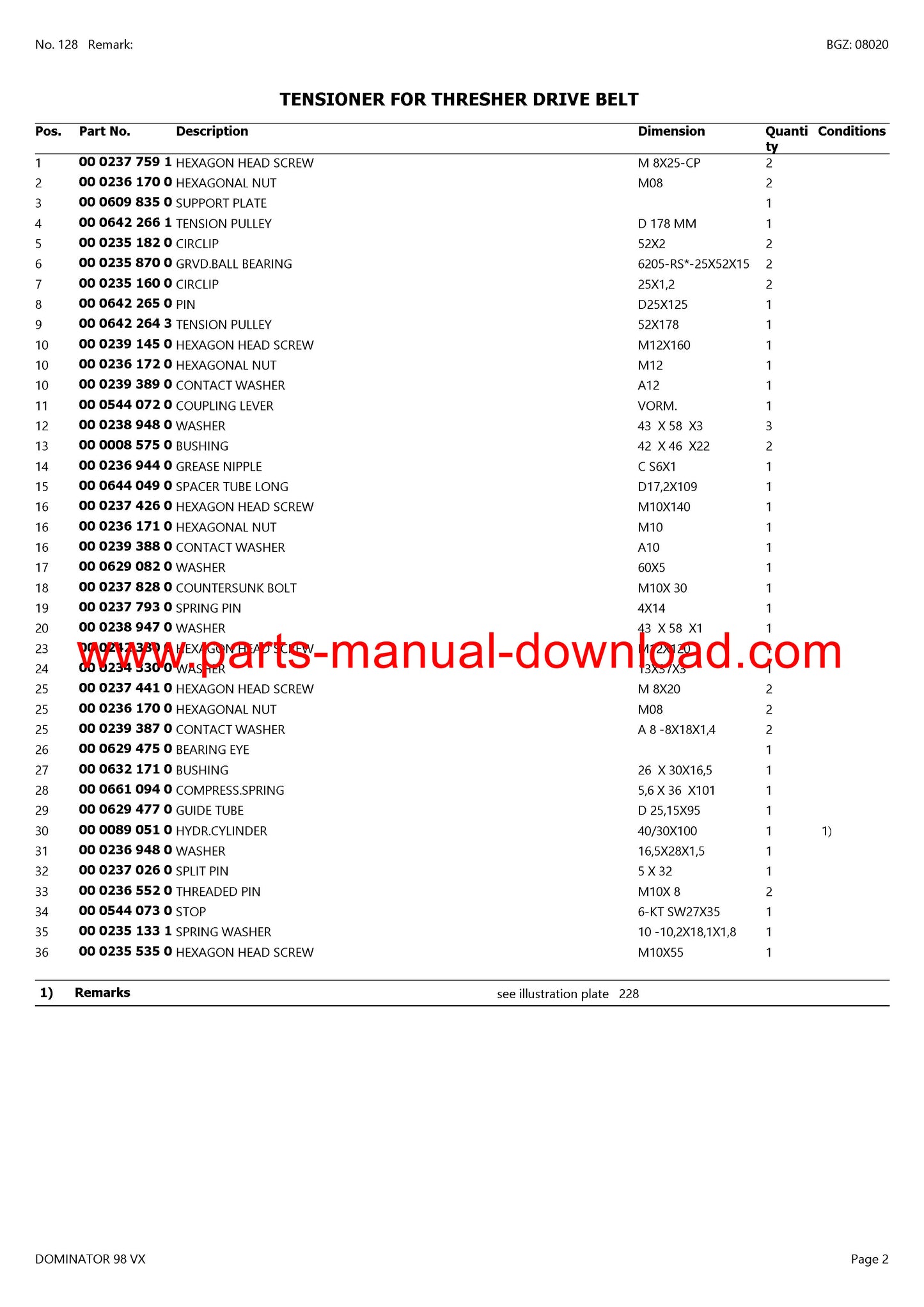 Claas 98 VX Combine Dominator Parts Catalog Manual Instant Download