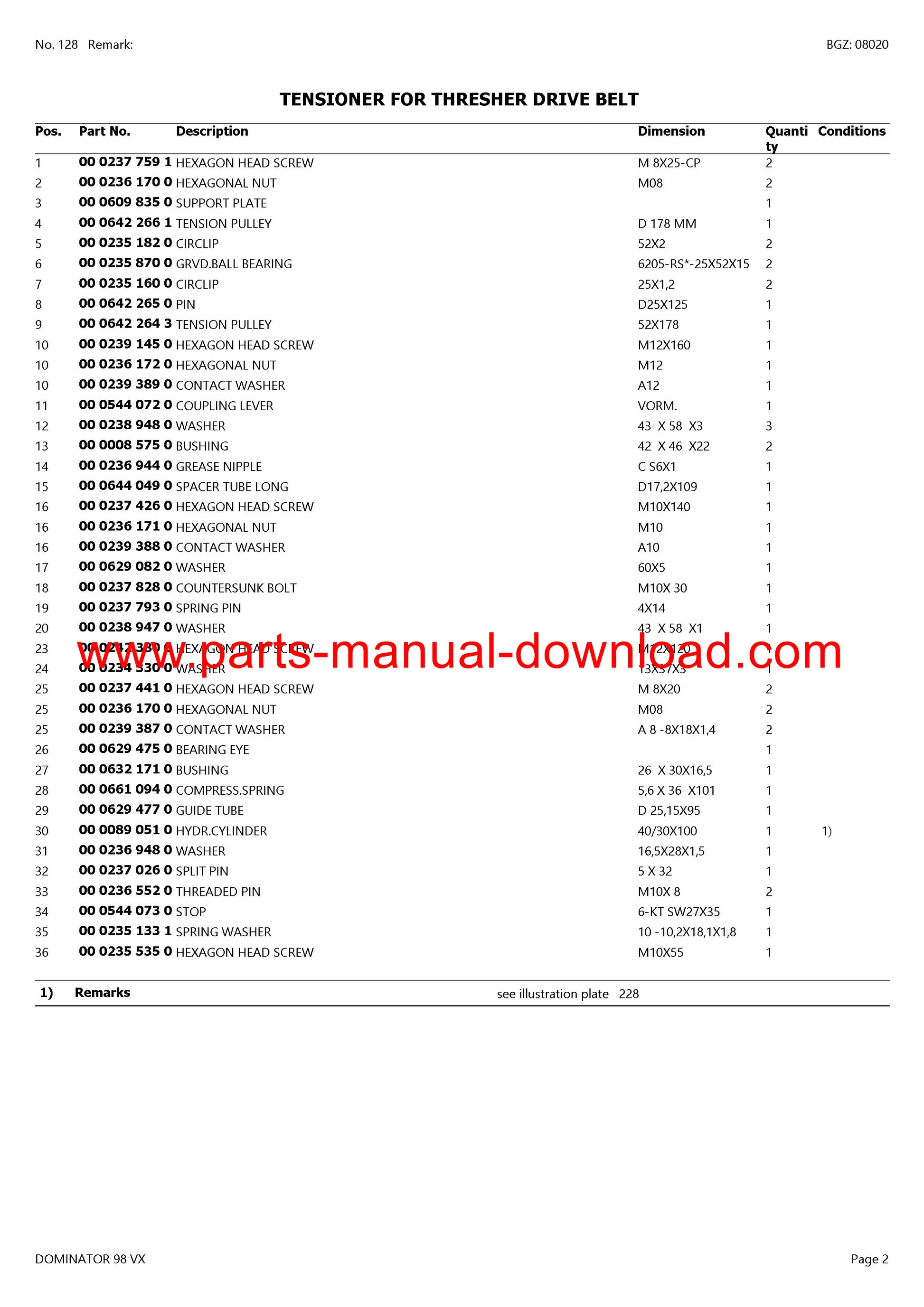 Claas 98 VX Combine Dominator Parts Catalog Manual Instant Download