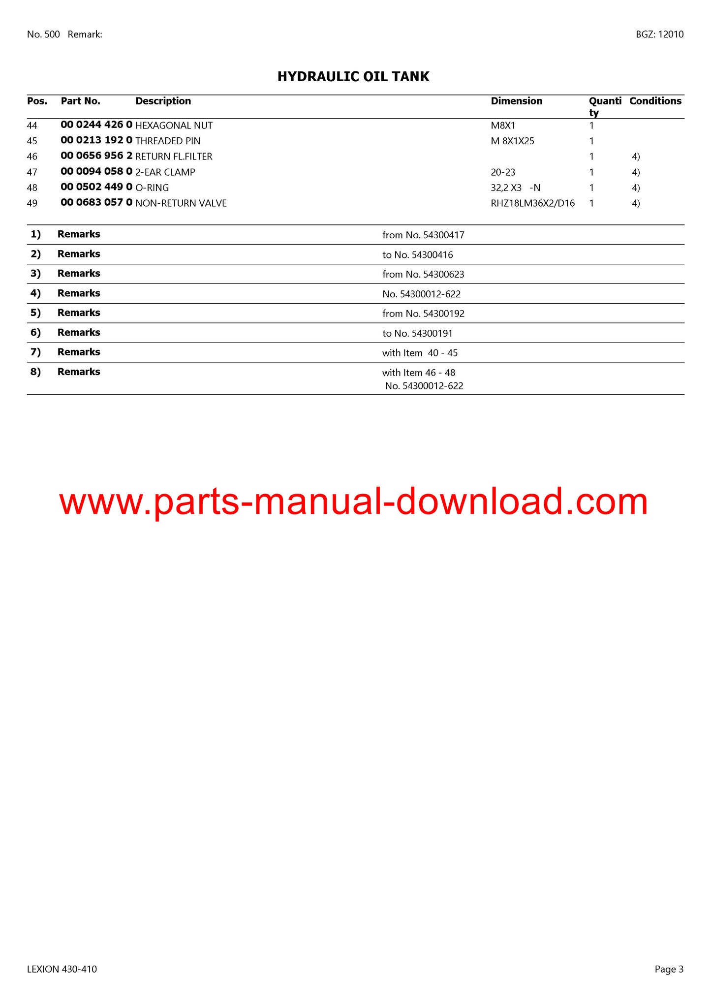 Claas 430 - 410 Lexion Combine Parts Catalog Manual Instant Download