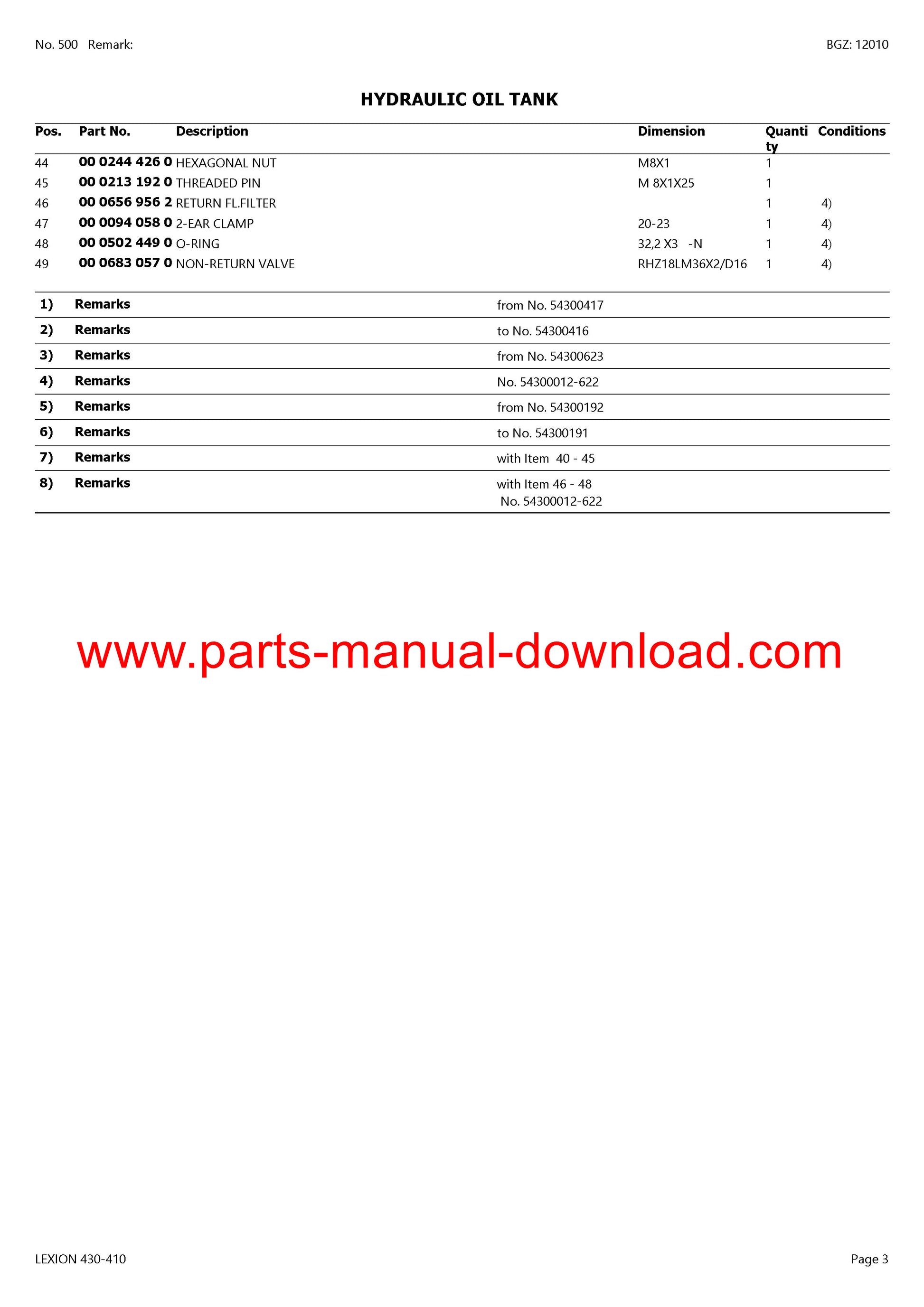 Claas 430 - 410 Lexion Combine Parts Catalog Manual Instant Download