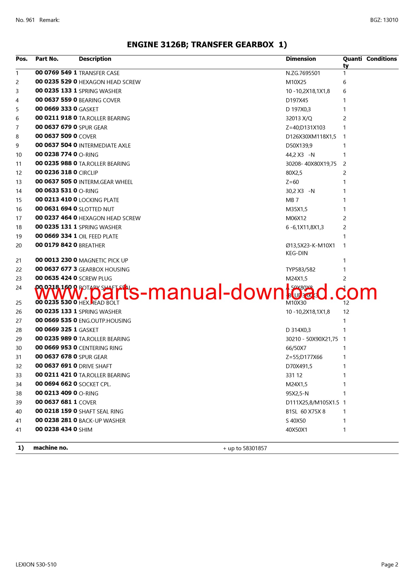 Claas 530 - 510 Lexion Combine Parts Catalog Manual Instant Download