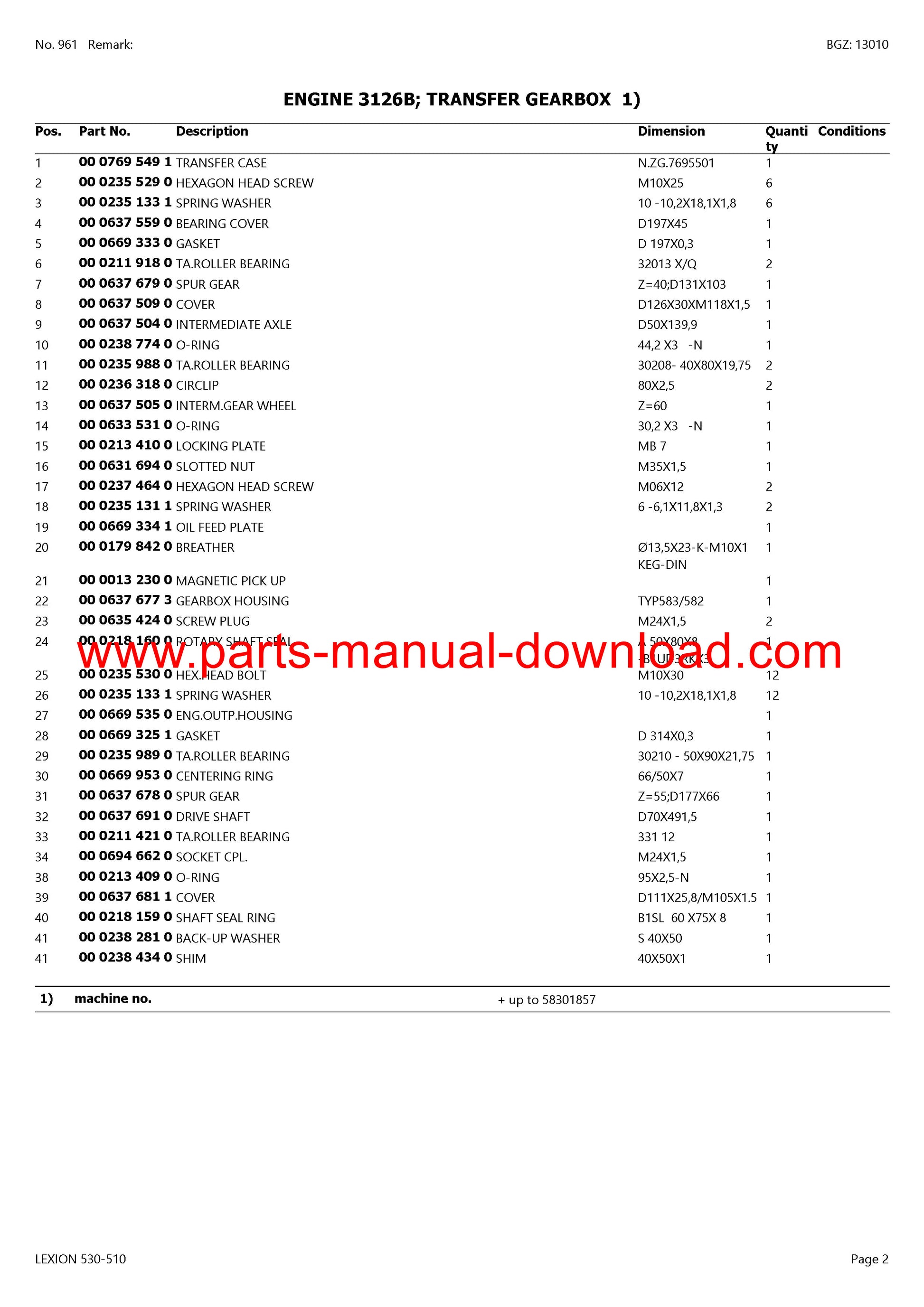 Claas 530 - 510 Lexion Combine Parts Catalog Manual Instant Download