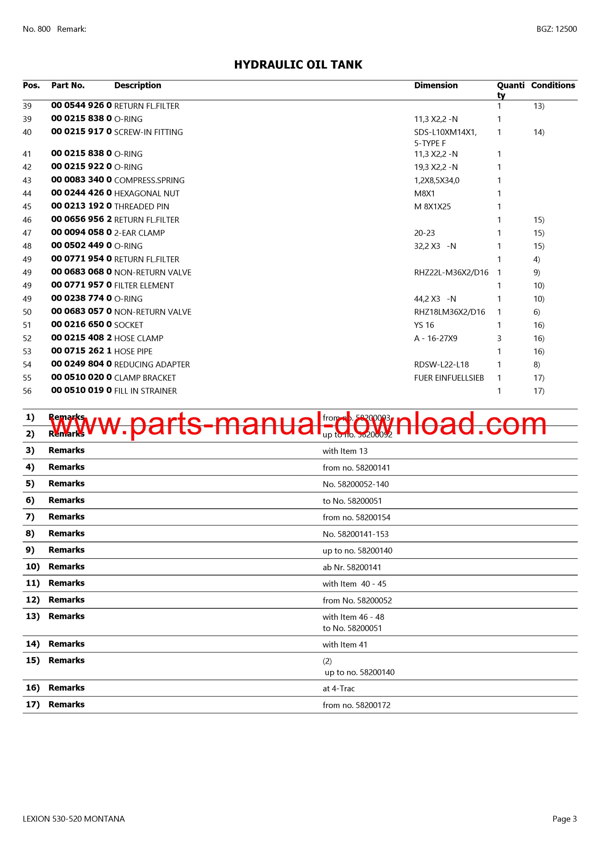 Claas 530 - 520 Lexion Combine Montana Parts Catalog Manual Instant Download