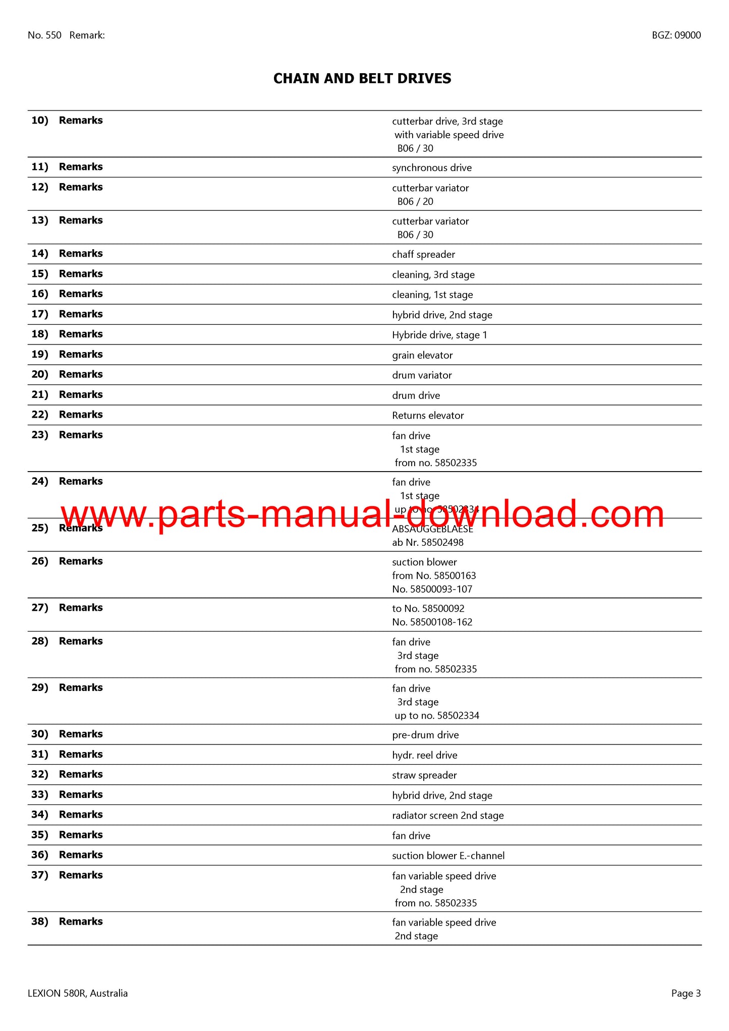 Claas 580R, Australia Lexion Combine Parts Catalog Manual Instant Download