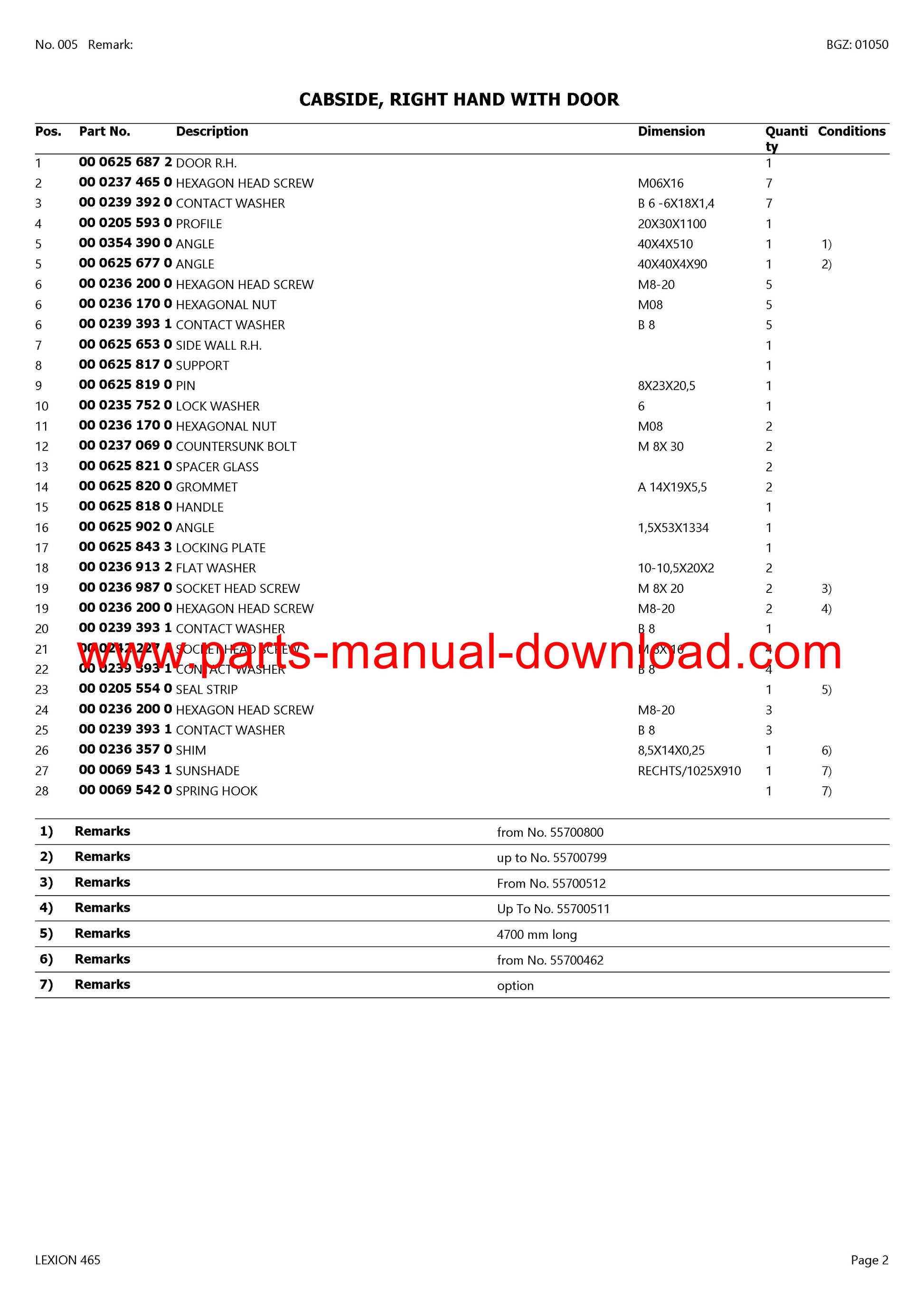 Claas 465 Combine Lexion (North America) Parts Catalog Manual Instant Download